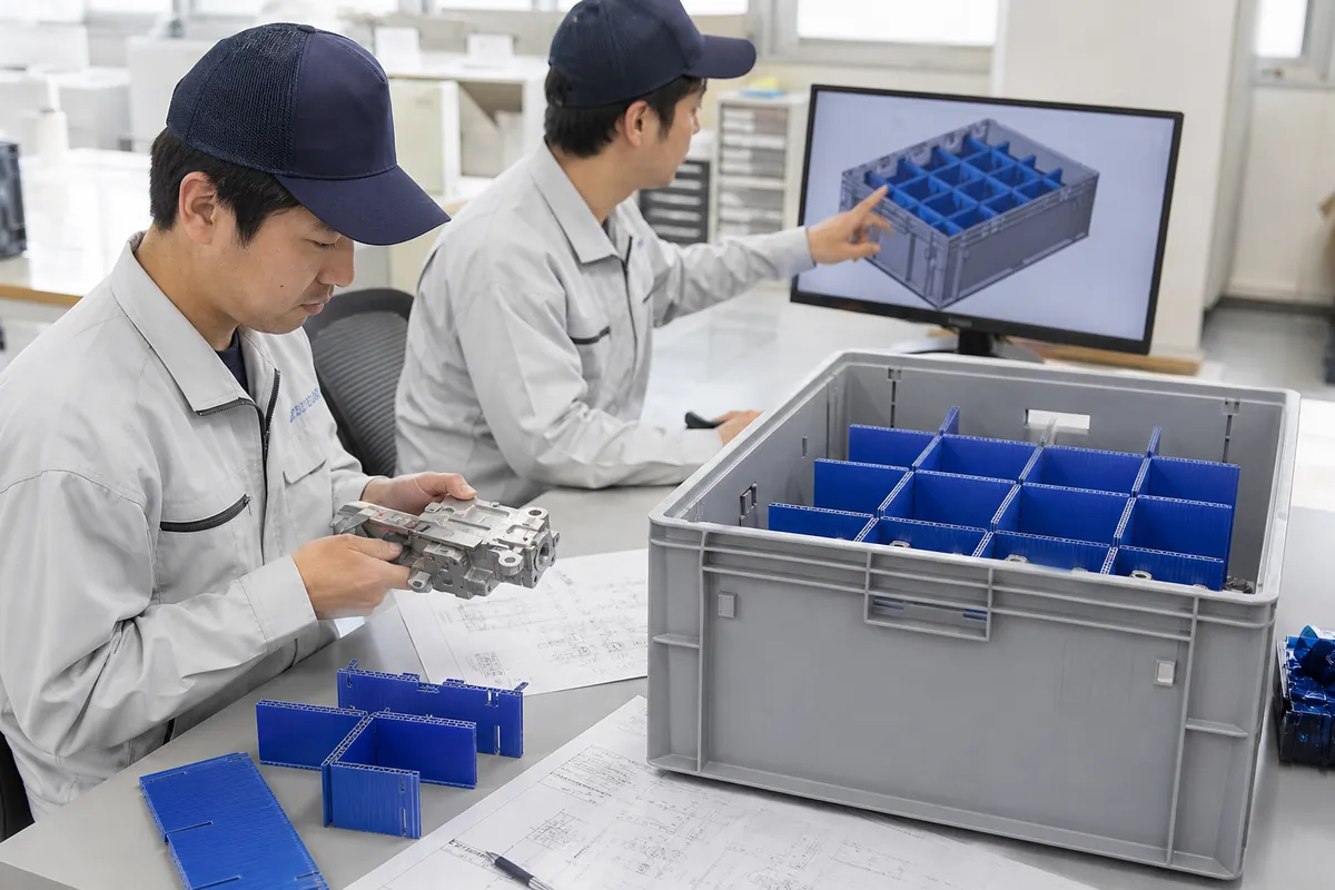 自動車部品を測りながら、仕切り付き通い箱の設計を確認する担当者