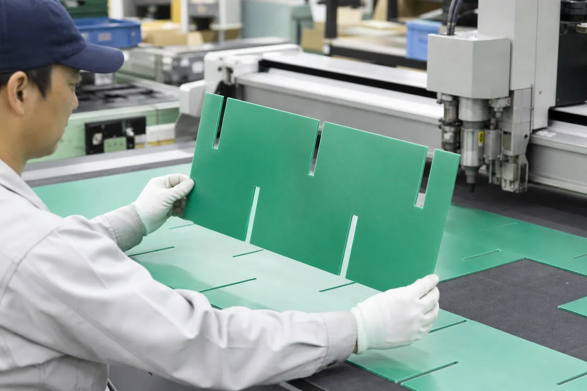 カッティングプロッターで切り出したプラスチック段ボールの仕切りを手に取る様子