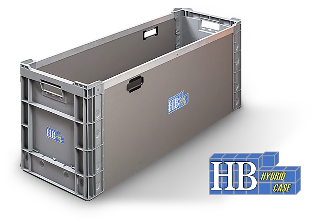 ハイブリッドケースの製品写真。短辺は樹脂の端部、長辺はプラスチック段ボール。HYBRID CASE のロゴ入り