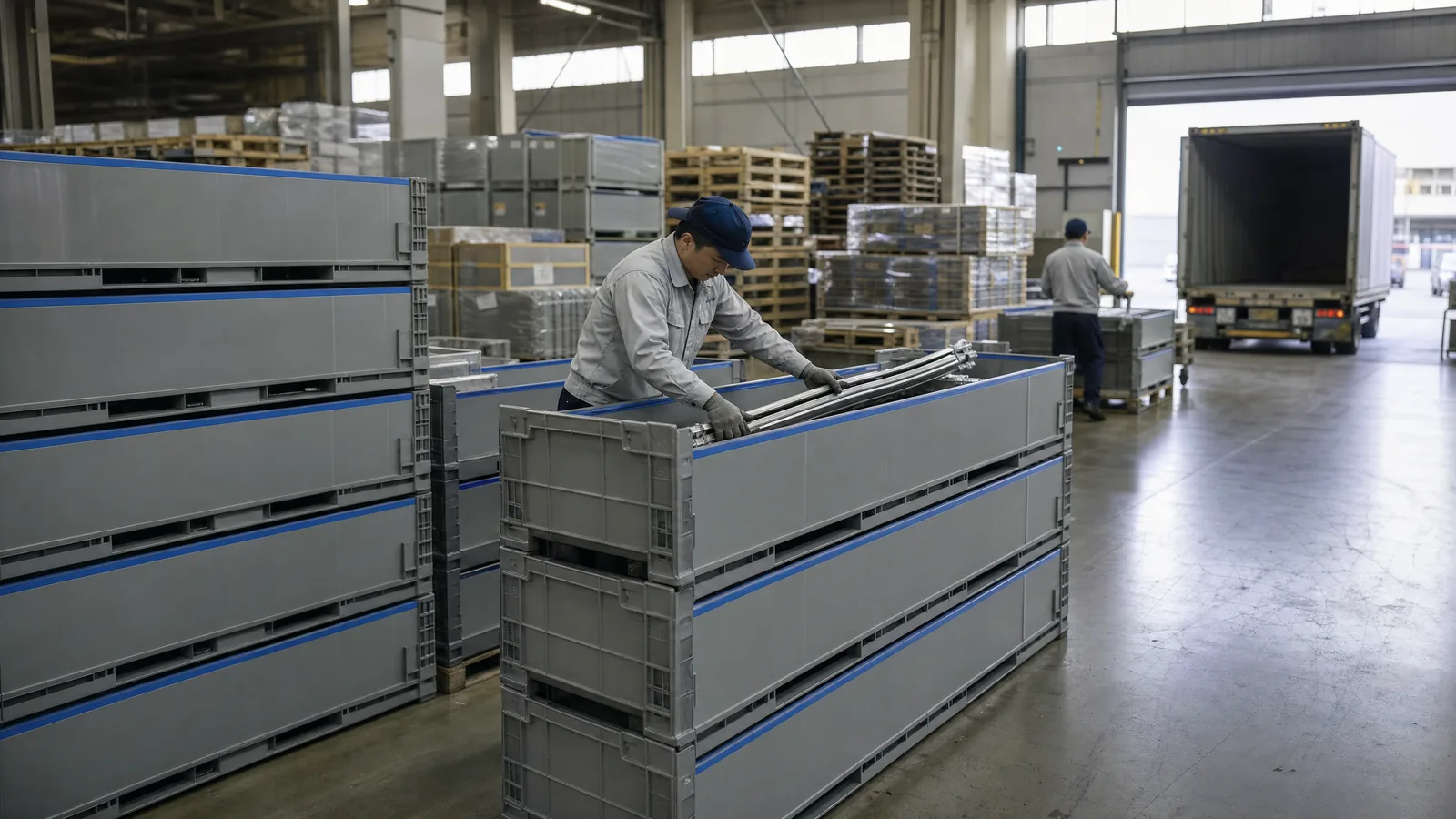 倉庫に段積みしたハイブリッドケースへ、長尺の部品を収める作業者
