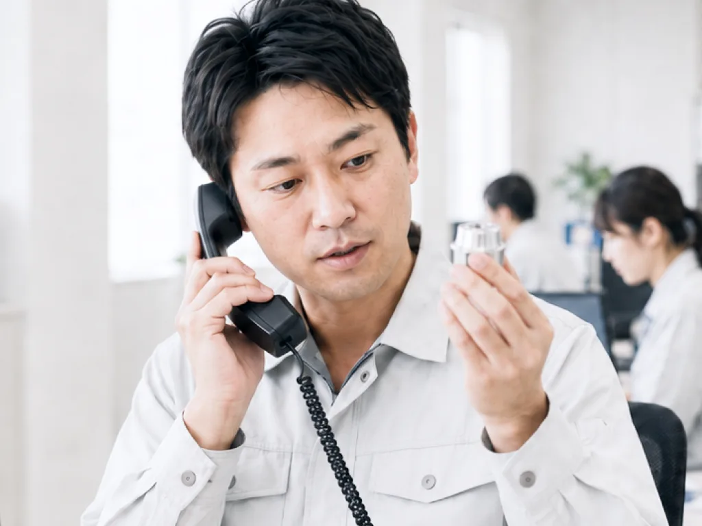 部品を手に取り電話で打ち合わせをする担当者