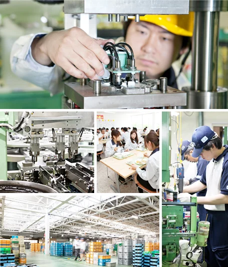 部品の検査、生産設備、社内研修、物流倉庫、製造ラインで働く社員の写真