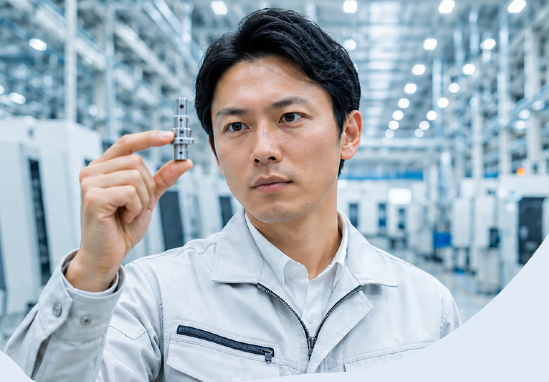 工場で精密部品を見つめる社員(イメージ)