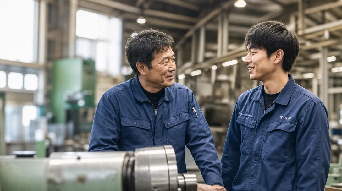 工場で言葉を交わす二人の社員(イメージ)