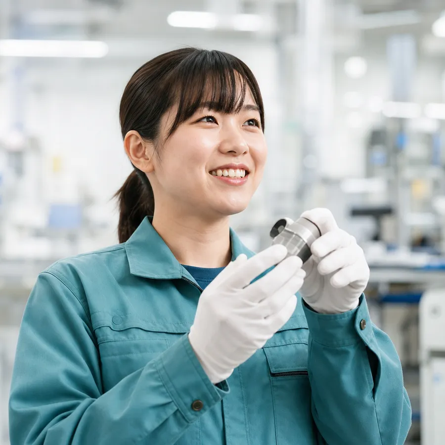 部品を手に取り笑顔を見せる社員(イメージ)
